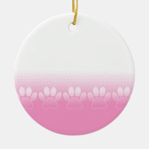Pink And White Paws With Newsprint Background Ceramic Tree Decoration