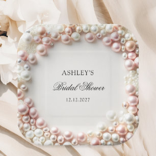 Pink and White Pearls Bridal Shower Paper Plate