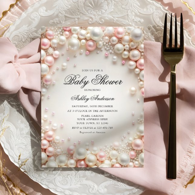 Pink and White Pearls with Diamonds Baby Shower Invitation (Creator Uploaded)