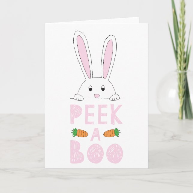 Pink and White Peeking Easter Bunny Peek-A-Boo Holiday Card (Front)