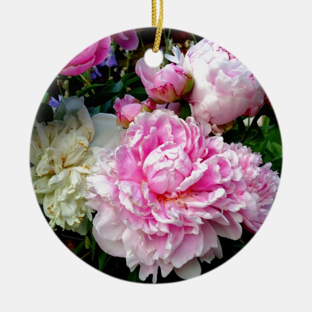 Pink and White Peonies Ceramic Tree Decoration (Front)