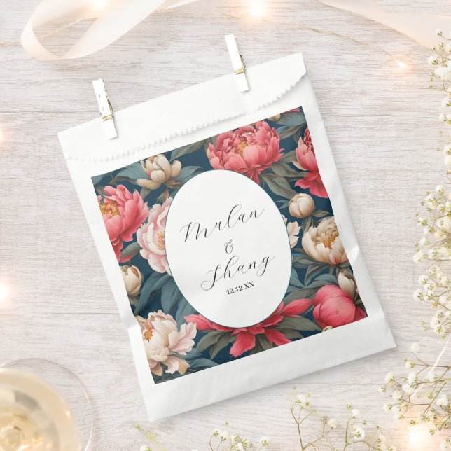 Pink and White Peonies Oriental Wedding Favour Bags (Clipped)