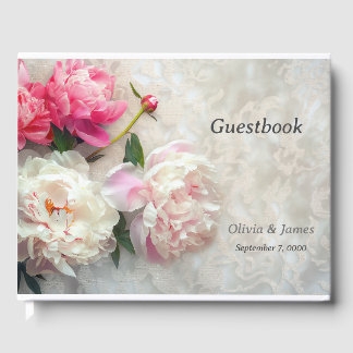Pink and white peonies with lace background guest book