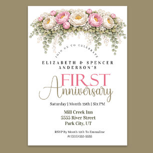 Pink and White Peony 1st Wedding Anniversary Invitation