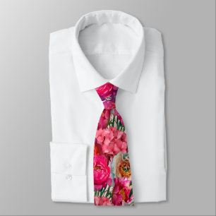 Pink and White Peony and Hydrangea Flowers Tie