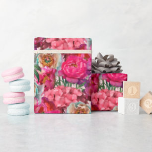 Pink and White Peony and Hydrangea Flowers Wrapping Paper