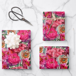 Pink and White Peony and Hydrangea Flowers Wrapping Paper Sheet
