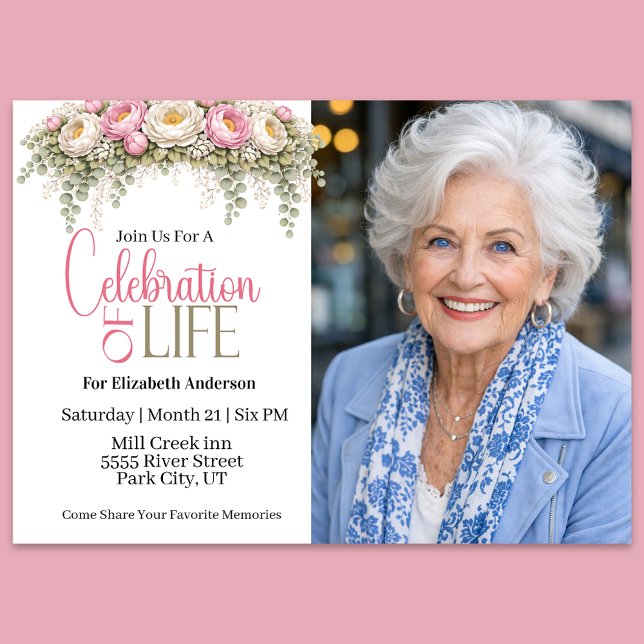 Pink and White Peony Celebration Of Life Invitation (Creator Uploaded)