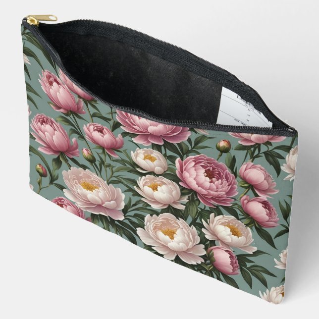 Pink and white Peony flowers Accessory Pouch (Open)