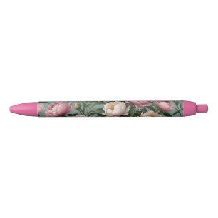 Pink and white Peony flowers Black Ink Pen