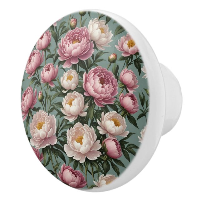 Pink and white Peony flowers Ceramic Knob (Right)