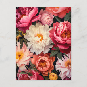 pink and white peony flowers with green leaves postcard