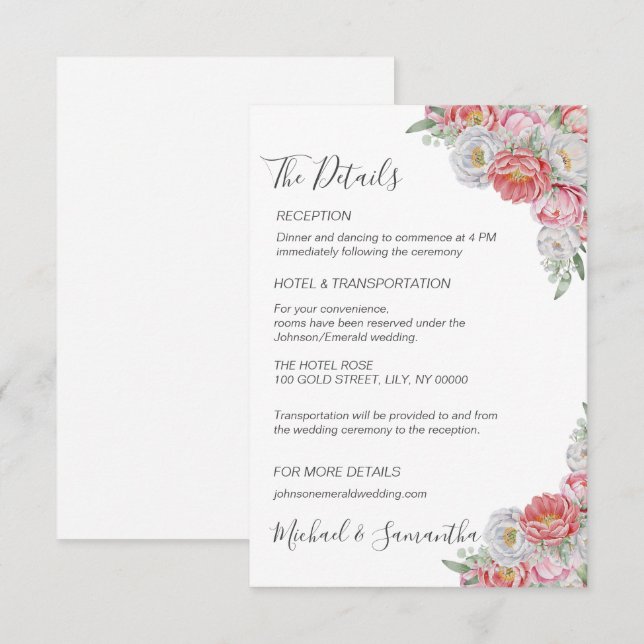 Pink and White Peony Wedding Enclosure Card (Front/Back)