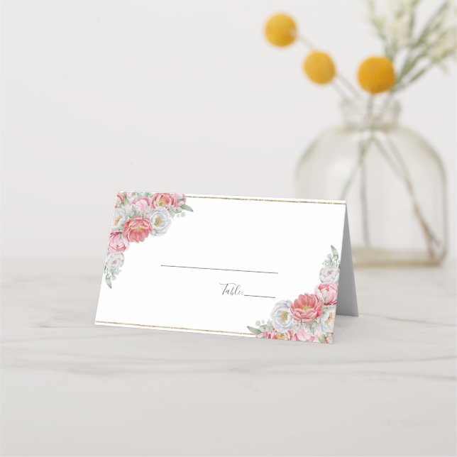 Pink and White Peony Wedding Place Card (Back)
