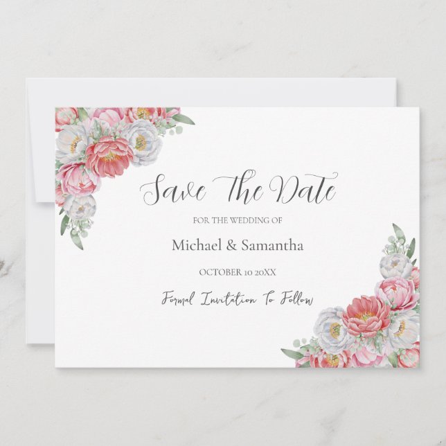 Pink and White Peony Wedding Save The Date (Front)