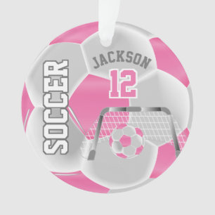 Pink and White Personalise Soccer Ball Ornament