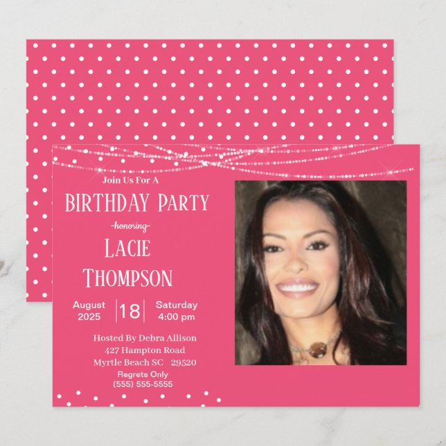 Pink and White Photo Birthday  Invitation (Front/Back)