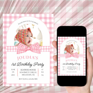 Pink and White photo Minimalist first birthday Invitation