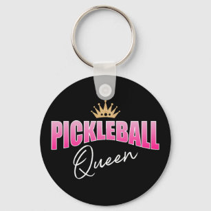 Pink And White Pickleball Queen Gold Crown Key Ring