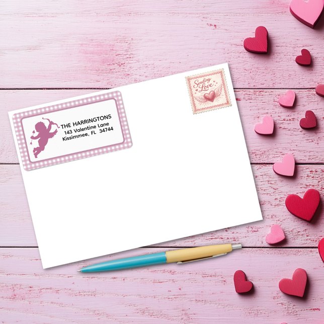 Pink and White Plaid Gingham Valentine Cupid Label (Creator Uploaded)