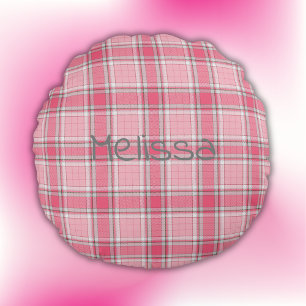 Pink and White Plaid Name Monogram   Round Cushion