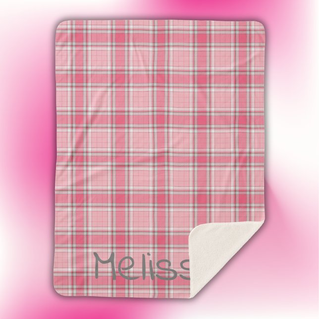 Pink and White Plaid Name Monogram | Sherpa Blanket (Creator Uploaded)