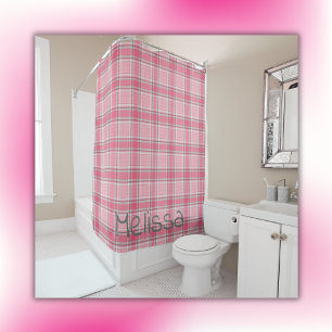 Pink and White Plaid Name Monogram   Shower Curtain