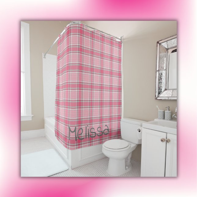 Pink and White Plaid Name Monogram | Shower Curtain (Creator Uploaded)