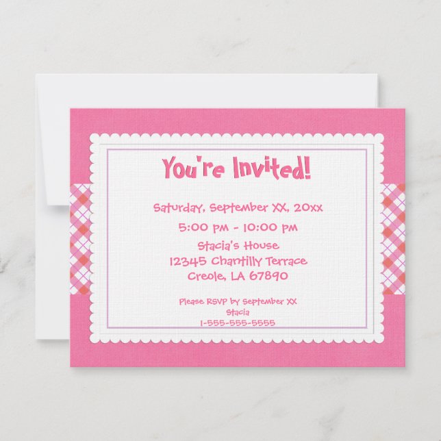Pink and White Plaid Party Invite (Front)