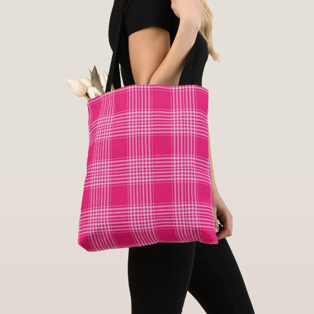 Pink and White Plaid Tote Bag (Close Up)