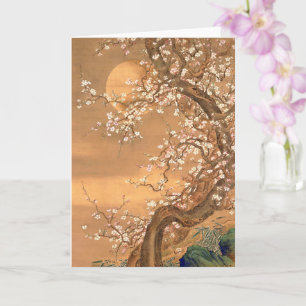 Pink and White Plum Blossoms in Moonlight, Shizan  Card