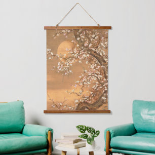 Pink and White Plum Blossoms in Moonlight, Shizan  Hanging Tapestry