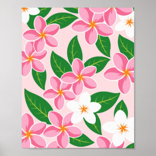 Pink and White Plumeria Floral Pattern Poster