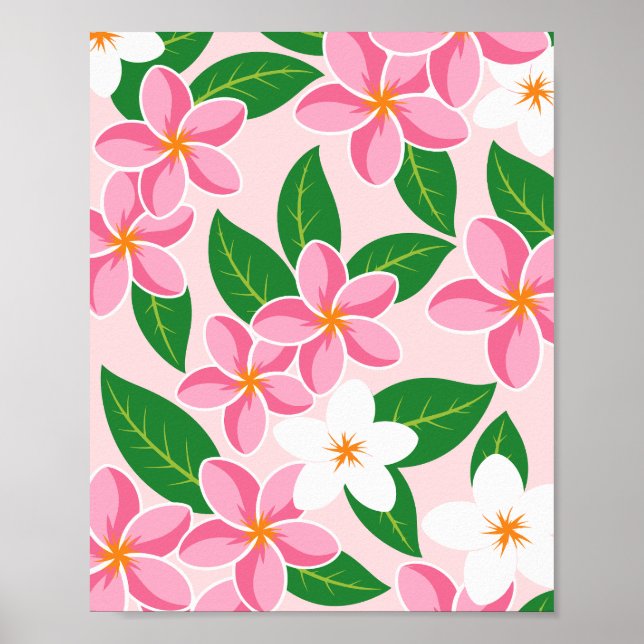 Pink and White Plumeria Floral Pattern Poster (Front)