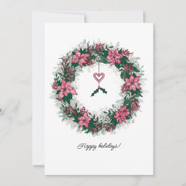 Pink and White Poinsettia Holiday Wreath Card (Front)