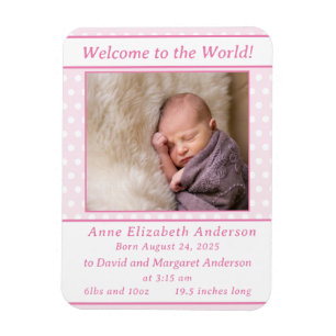 Pink and White Polka-Dot Birth Announcement Magnet