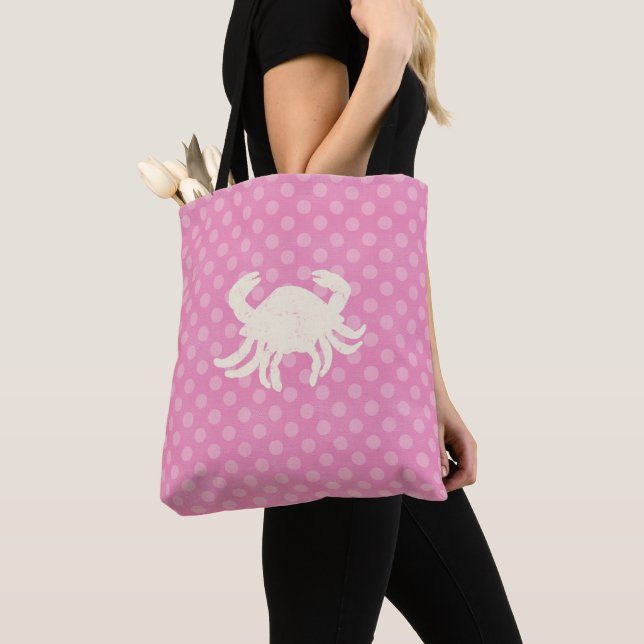 Pink and White Polka Dot Crab Dog Travel Tote Bag (Close Up)