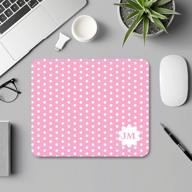 Pink and White Polka Dot Monogram Mouse Pad (Creator Uploaded)