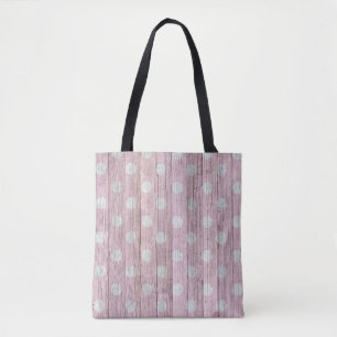 pink and white polka dot rustic wood tote bag