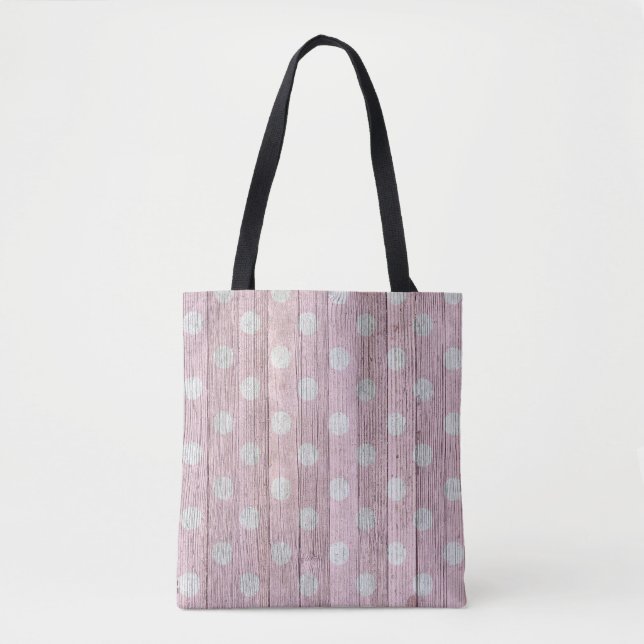 pink and white polka dot rustic wood tote bag (Front)