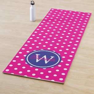 Pink and White Polka Dot With Navy Blue Monogram Yoga Mat