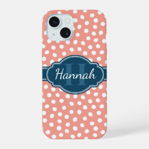 Pink and White Polka Dots Blue Monogram iPhone 15 Case