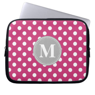 Pink and White Polka Dots Grey Monogram Laptop Sleeve