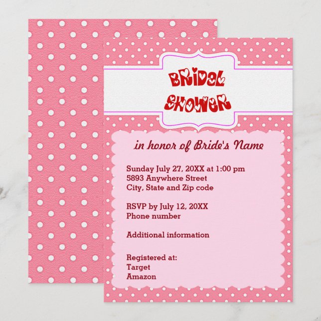 Pink and White Polka Dots Heart Bridal Shower Card (Front/Back)