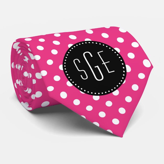Pink and white polka dots with black monogram tie (Rolled)
