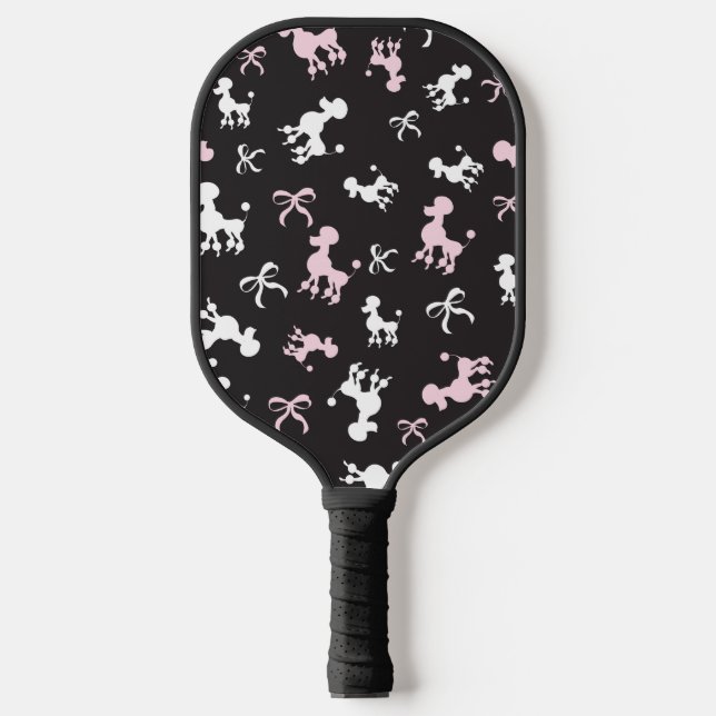 Pink and white poodles black background pickleball paddle (Front)