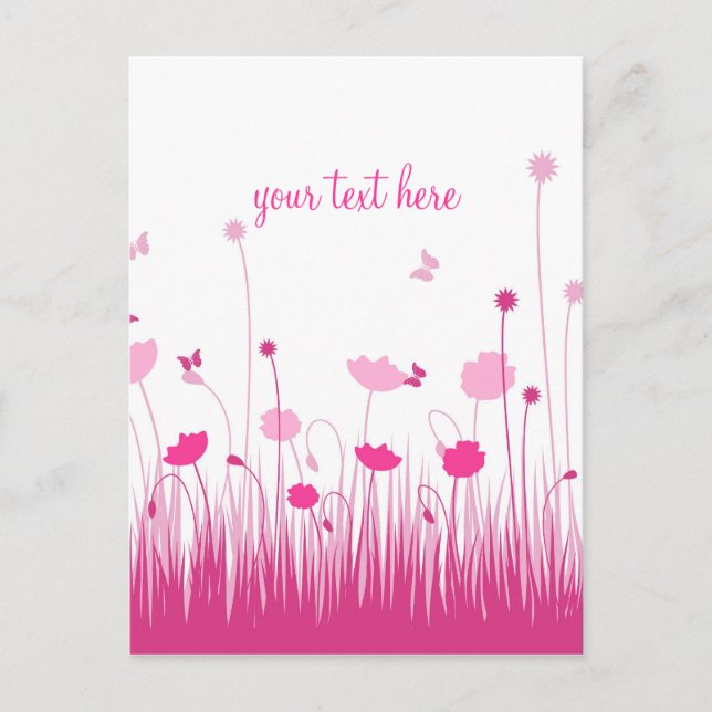 Pink and White Poppies Meadow Script Postcard (Front)