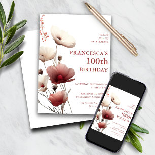 Pink and White Poppy 100th Birthday  Invitation