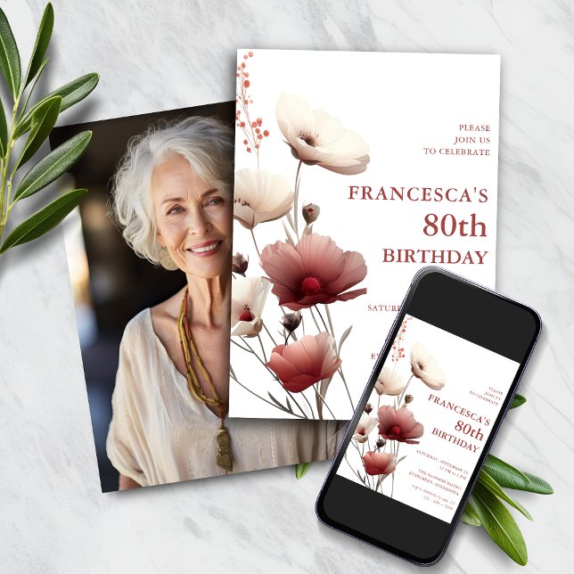 Pink and White Poppy 80th Birthday  Invitation (Creator Uploaded)
