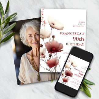 Pink and White Poppy 90th Birthday Invitation